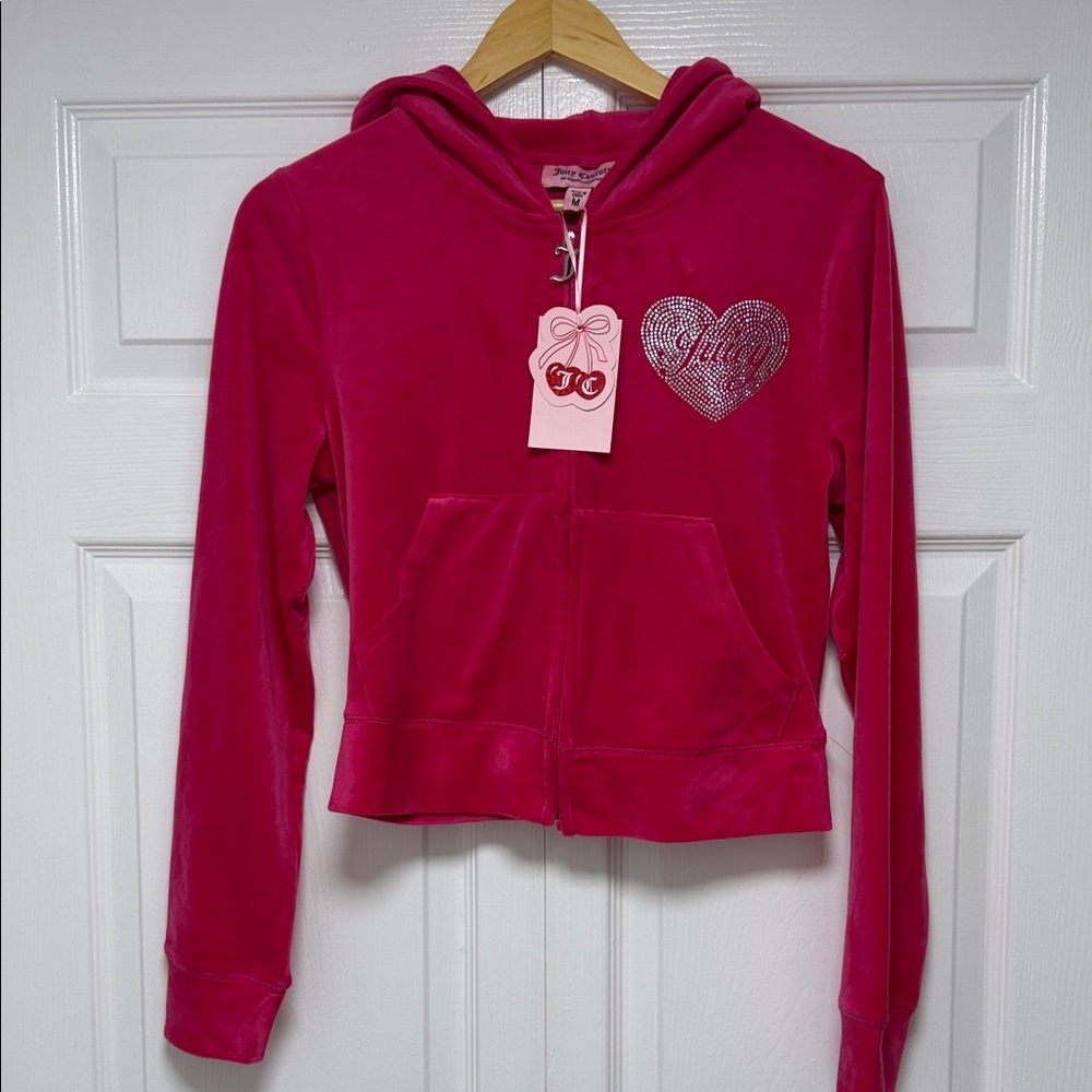 NWT Juicy Couture Velour Rhinestone Heart Zip Hoodie Vixen Pink